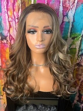 Medeina 13x4 HD Lace Front Wig Brown Highlight Wavy Synthetic Pre-Plucked